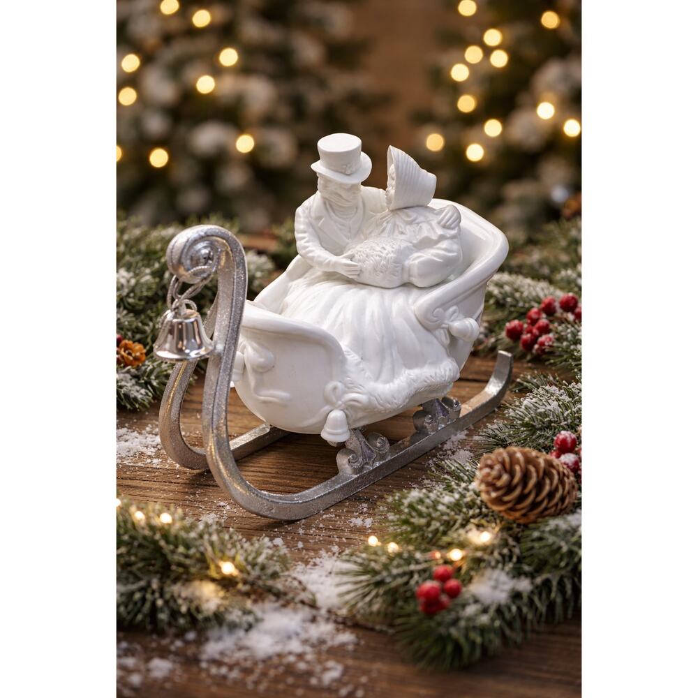 Winter Silhouette Sleigh Ride Statue White Porcelain New In Box Holiday Decor
